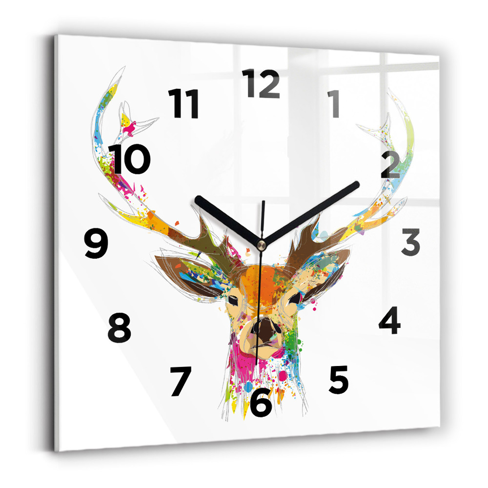 Horloge carrée en verre Tête de cerf colorée