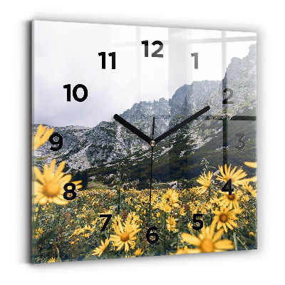 Pendule carrée en verre Prairie de fleurs dans les montagnes