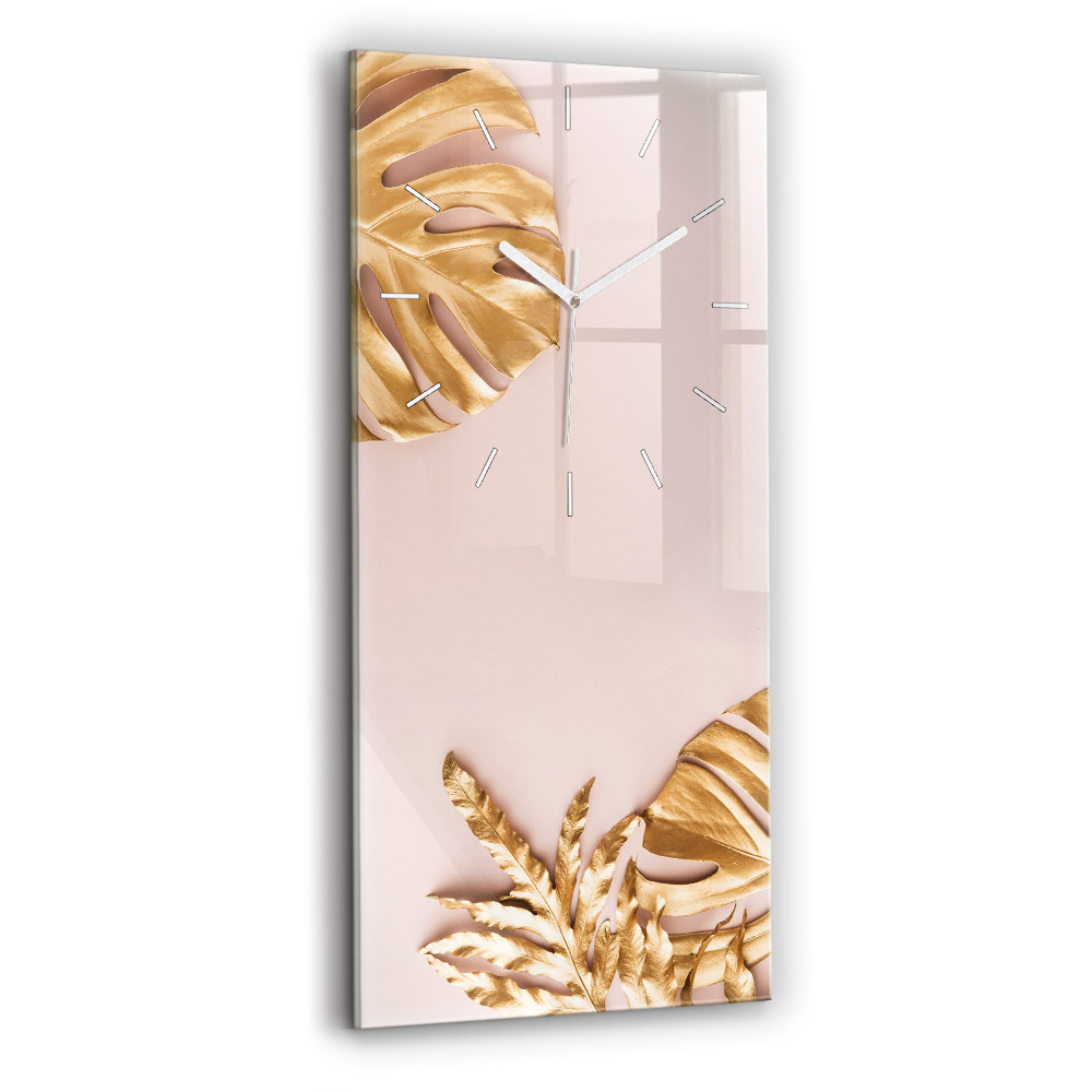 Horloge murale en verre rectangulaire Feuilles tropicales dorées