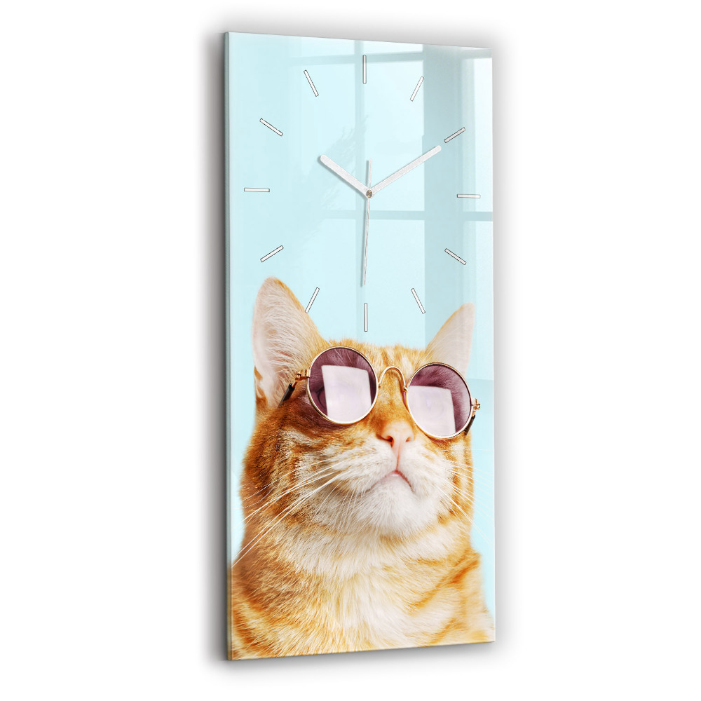 Horloge murale en verre rectangulaire Chat amusant avec des lunettes