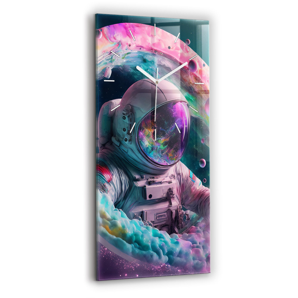Horloge verticale en verre Cosmonaute et nuages colorés
