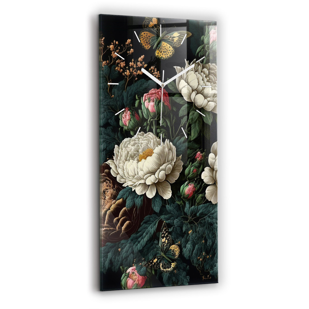 Horloge murale en verre rectangulaire Fleur et papillons dorés