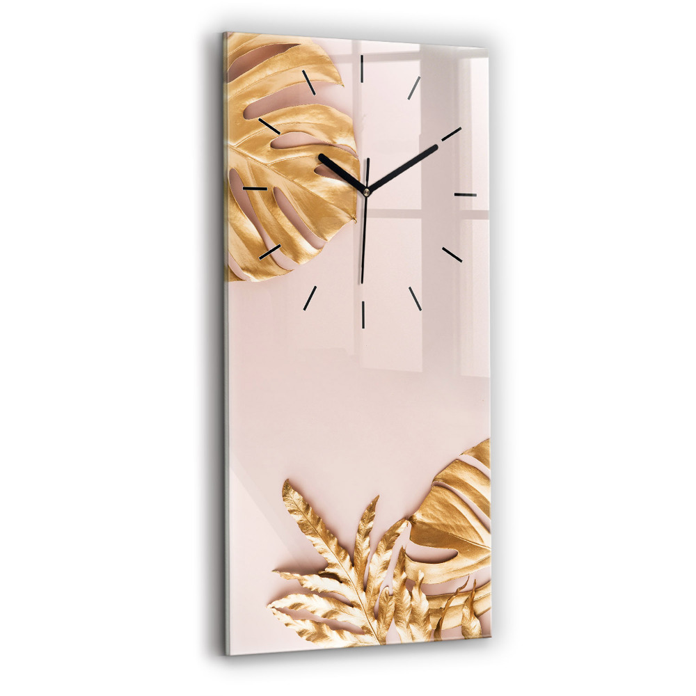 Horloge murale en verre rectangulaire Feuilles tropicales dorées