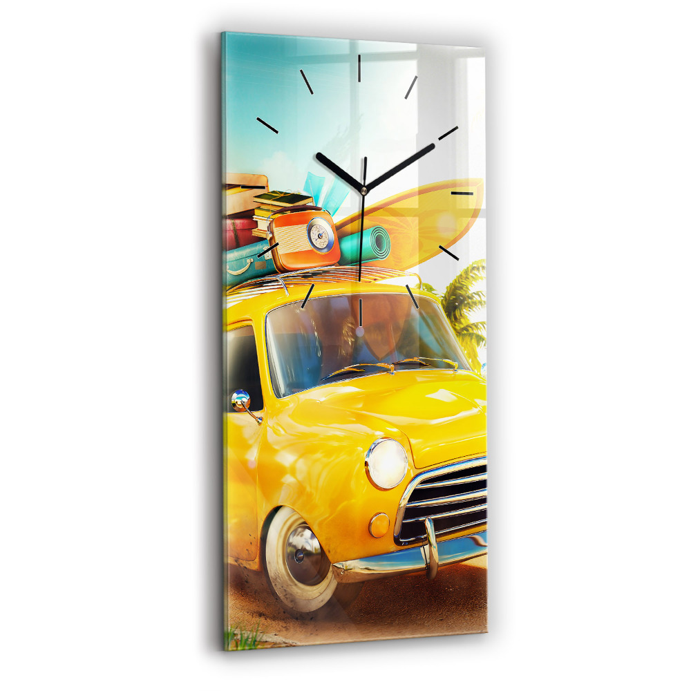 Horloge murale en verre rectangulaire Voiture avec planche de surf