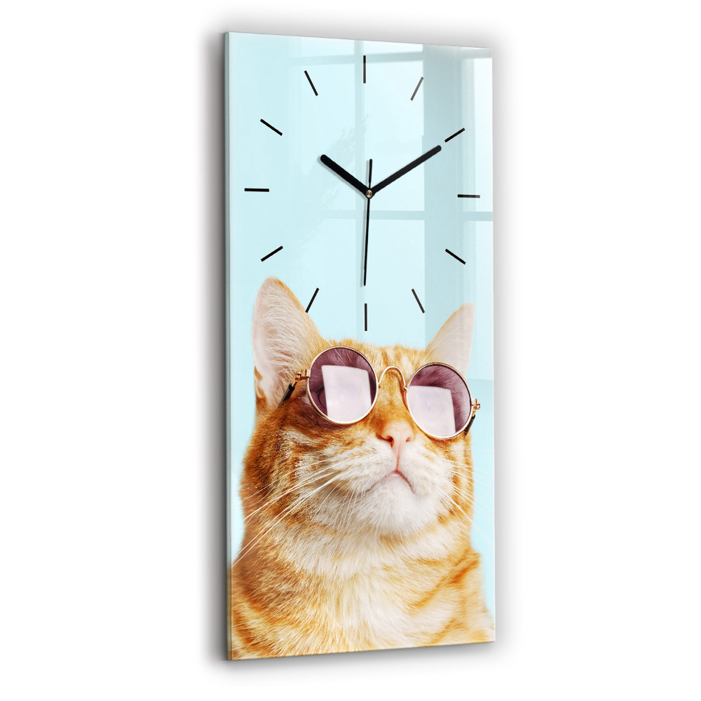 Horloge murale en verre rectangulaire Chat amusant avec des lunettes