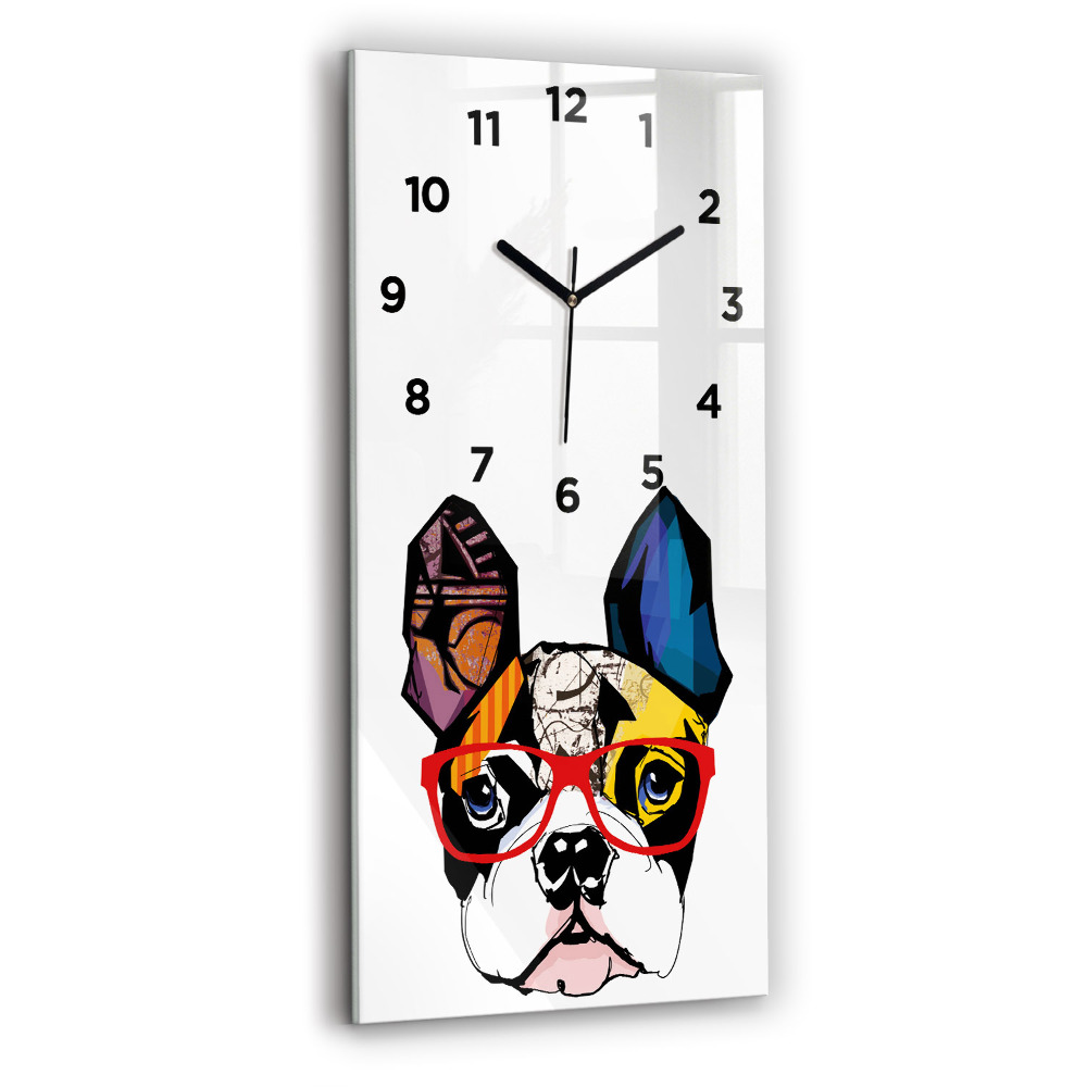 Horloge murale en verre rectangulaire Bouledogue français à lunettes