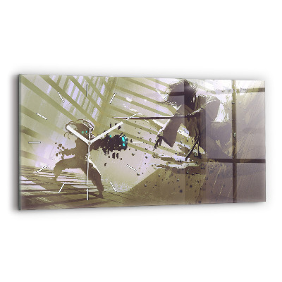 Horloge murale horizontale Combat entre un robot et un samouraï