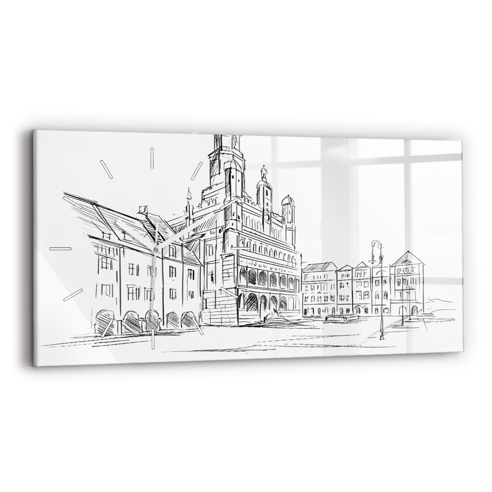 Horloge horizontale en verre Croquis de la vieille ville de Poznan