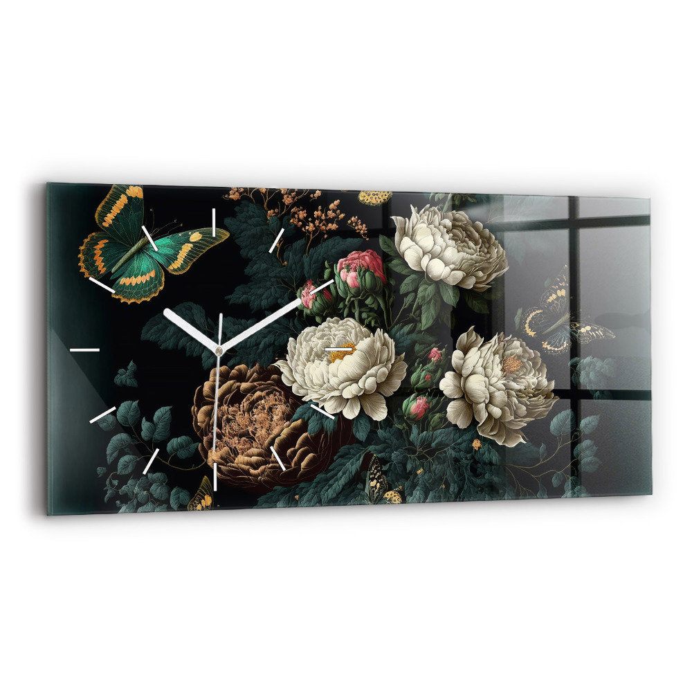 Horloge murale horizontale Fleur et papillons dorés