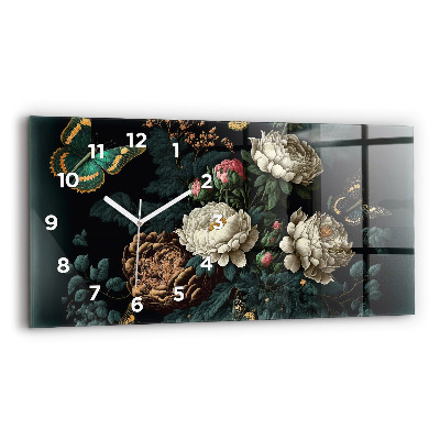 Horloge murale horizontale Fleur et papillons dorés