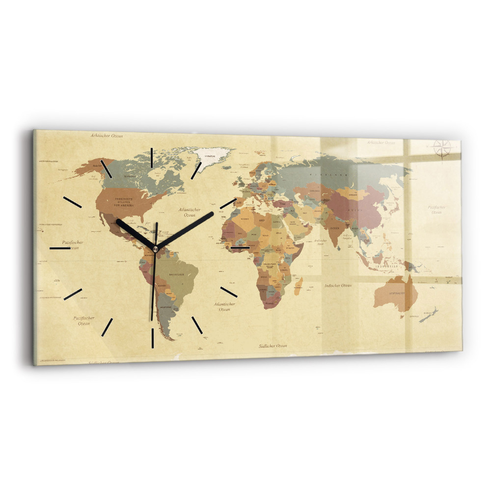 Horloge murale horizontale Carte du monde style vintage