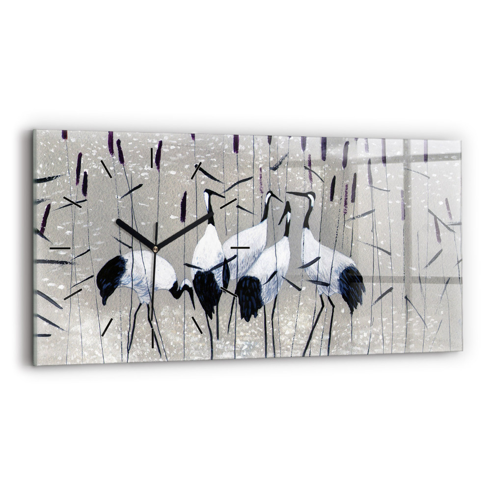 Horloge horizontale en verre Grues dans les roseaux