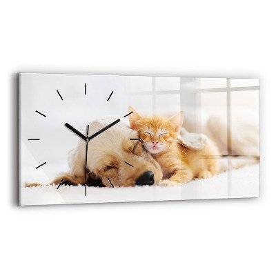 Horloge rectangulaire horizontale Chat et chien endormis