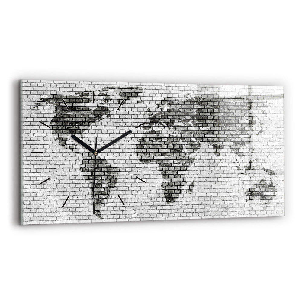 Horloge horizontale en verre Mur de briques Carte du monde