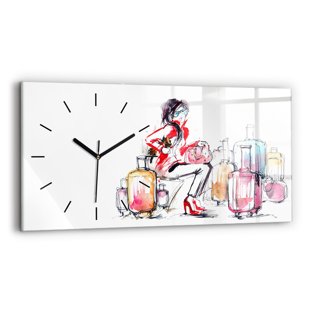 Horloge murale horizontale Femme voyageant avec sa valise