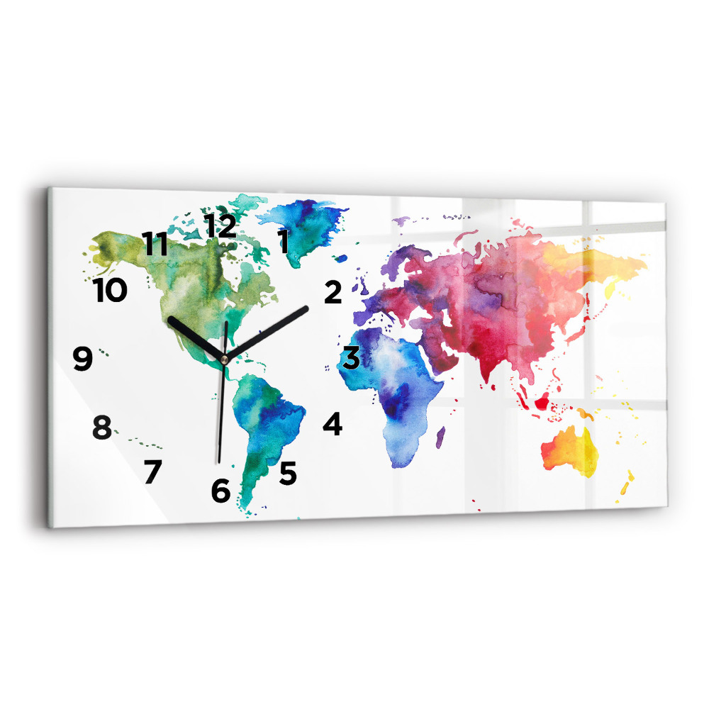 Horloge rectangulaire horizontale Carte du monde à l'aquarelle