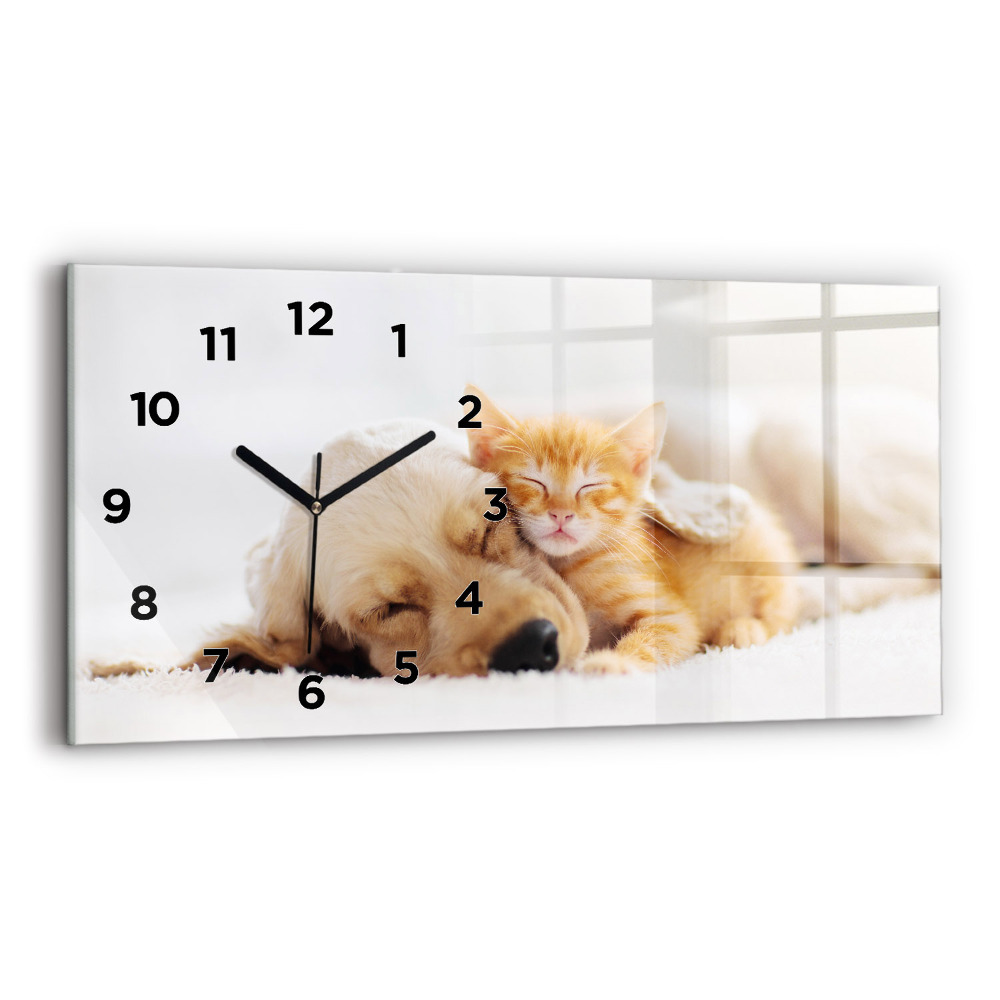 Horloge rectangulaire horizontale Chat et chien endormis
