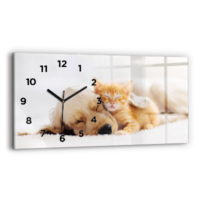 Horloge rectangulaire horizontale Chat et chien endormis