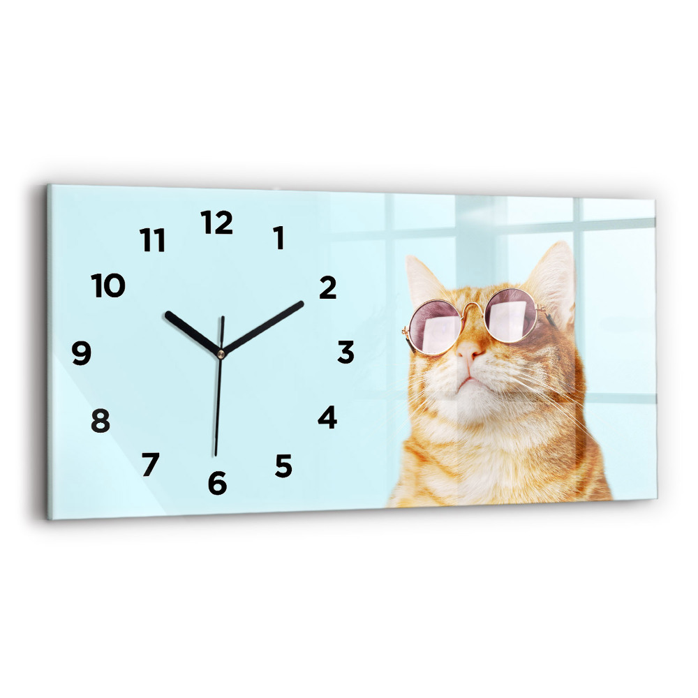 Horloge horizontale en verre Chat amusant avec des lunettes