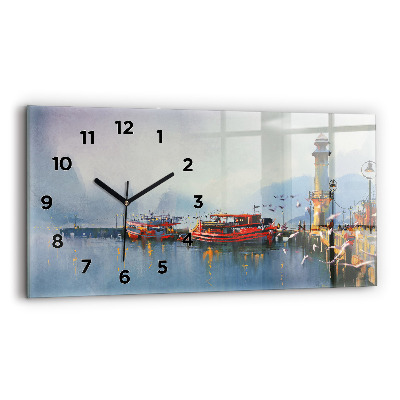 Horloge horizontale en verre Bateau de pêche dans le port