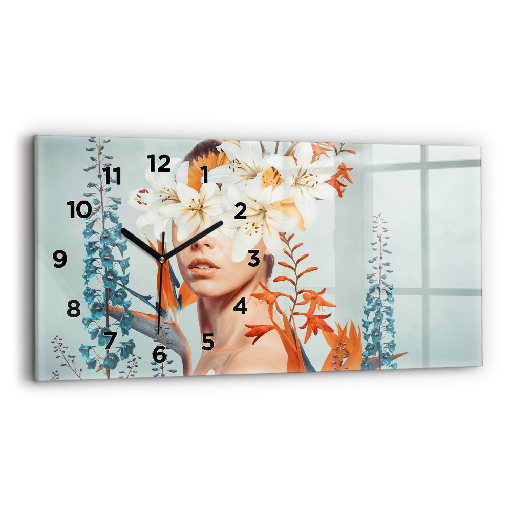 Horloge rectangulaire horizontale Femme avec des fleurs