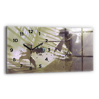 Horloge murale horizontale Combat entre un robot et un samouraï