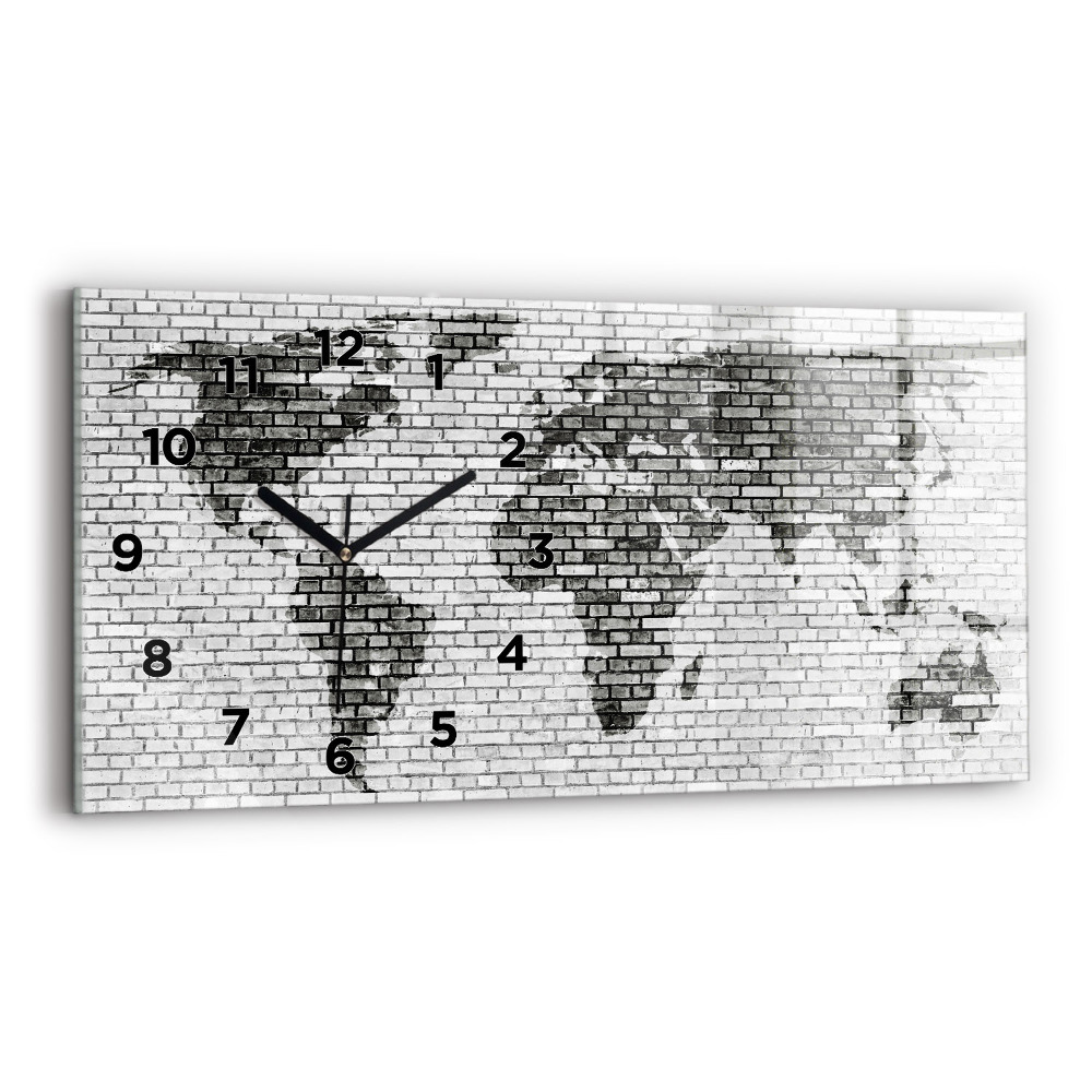 Horloge horizontale en verre Mur de briques Carte du monde