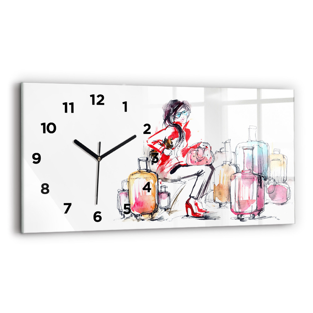 Horloge murale horizontale Femme voyageant avec sa valise