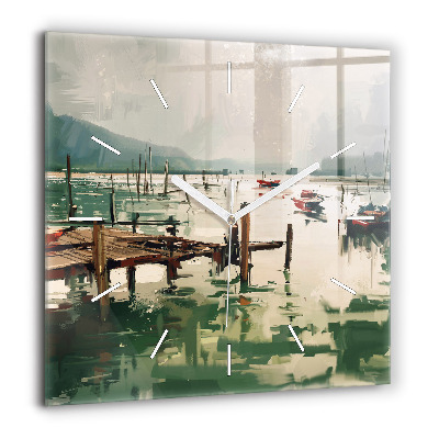 Pendule carrée en verre 60x60 cm Bateaux de pêche dans le port