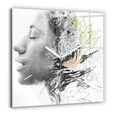 Pendule carrée en verre 60x60 cm Visage abstrait d'une femme