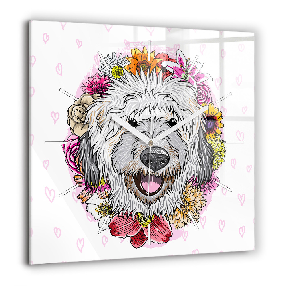 Pendule carrée en verre 60x60 cm Chien heureux dans les fleurs