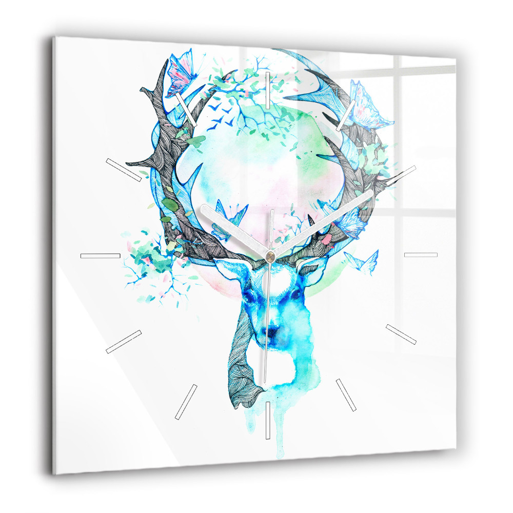 Pendule carrée en verre 60x60 cm Illustration d'un cerf
