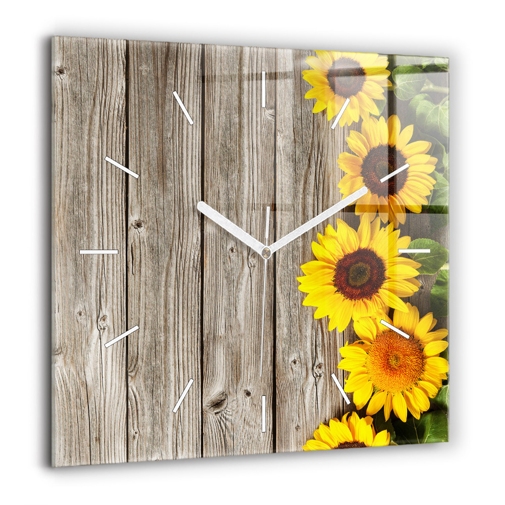 Horloge carrée en verre 60x60 cm Tournesols sur planches