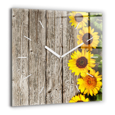 Horloge carrée en verre 60x60 cm Tournesols sur planches