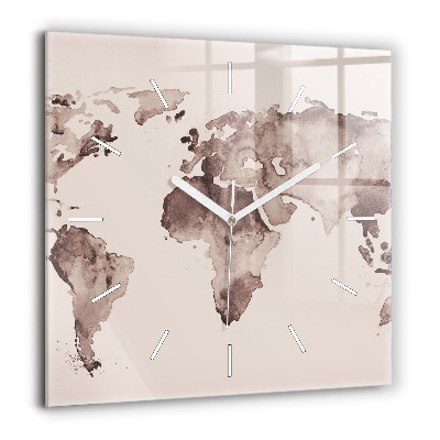 Horloge carrée en verre 60x60 cm Carte du monde à l'aquarelle