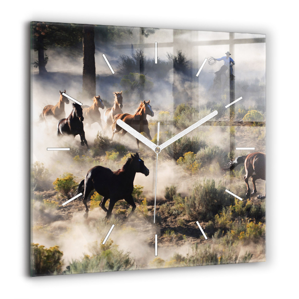 Horloge murale carrée 60x60 cm Troupeau de chevaux à vive allure