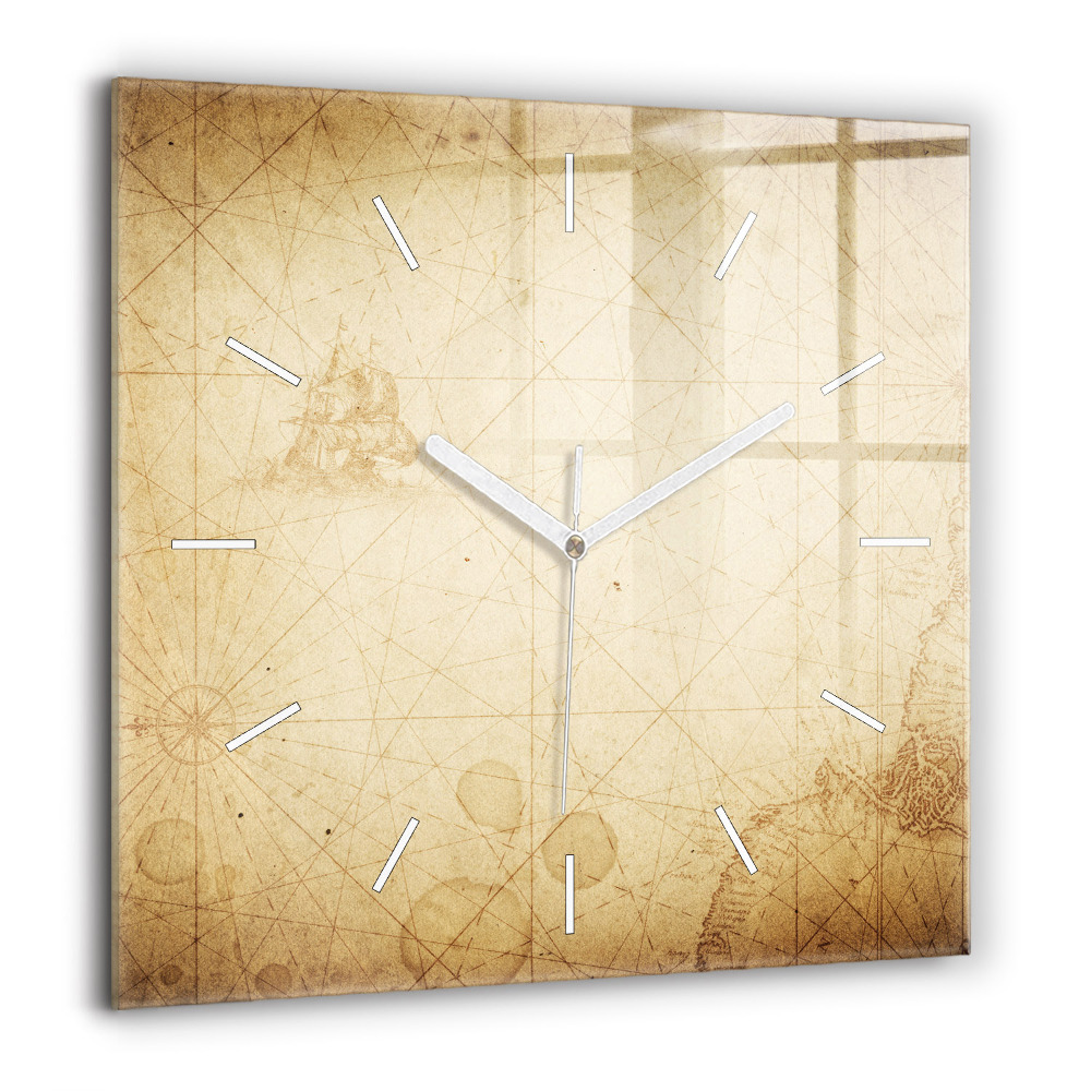 Pendule carrée en verre 60x60 cm Ancienne carte du monde