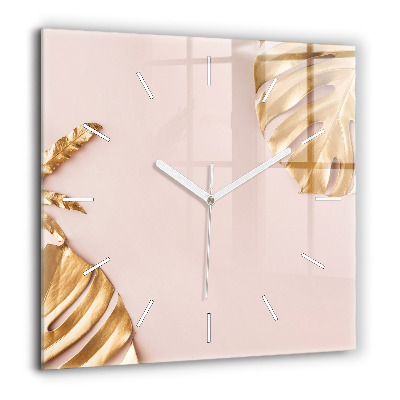 Pendule carrée en verre 60x60 cm Feuilles tropicales dorées