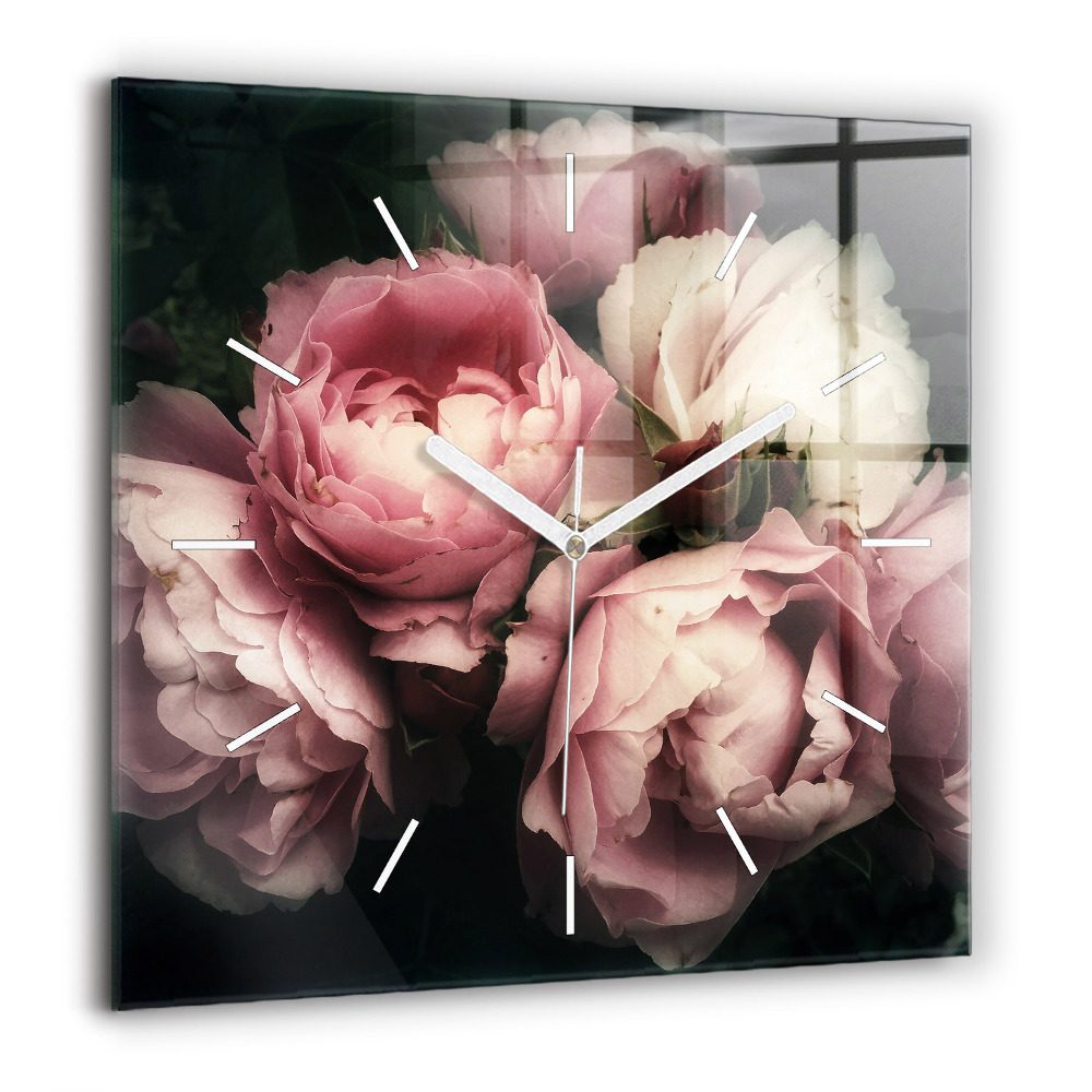 Pendule carrée en verre 60x60 cm Bouquet de roses roses