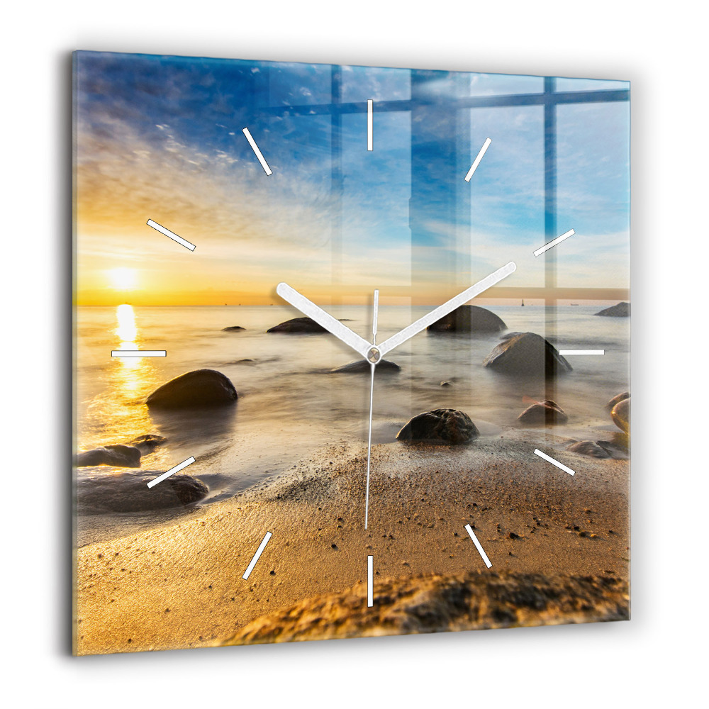 Horloge carrée en verre 60x60 cm Lever de soleil sur la mer Baltique