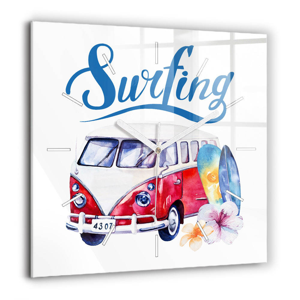 Pendule carrée en verre 60x60 cm Voiture et panneau Surf