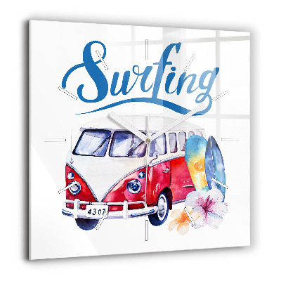 Pendule carrée en verre 60x60 cm Voiture et panneau Surf