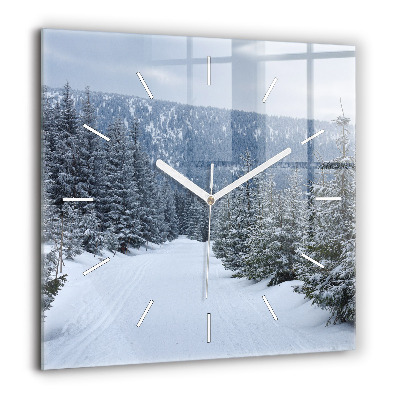 Horloge carrée en verre 60x60 cm Montagnes géantes de Bohême en hiver