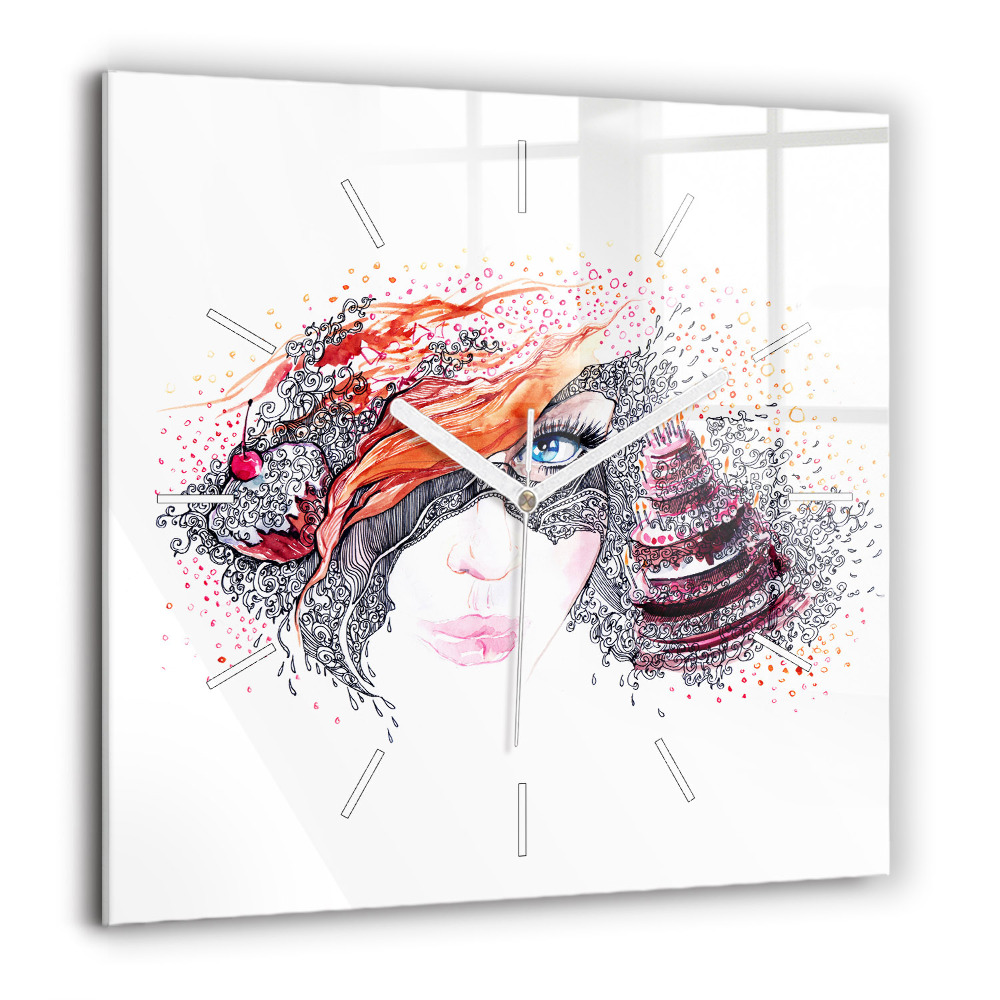 Horloge murale carrée 60x60 cm Femme douce avec un gâteau