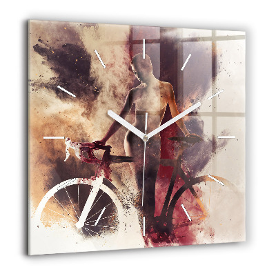 Pendule carrée en verre 60x60 cm Femme et vélo