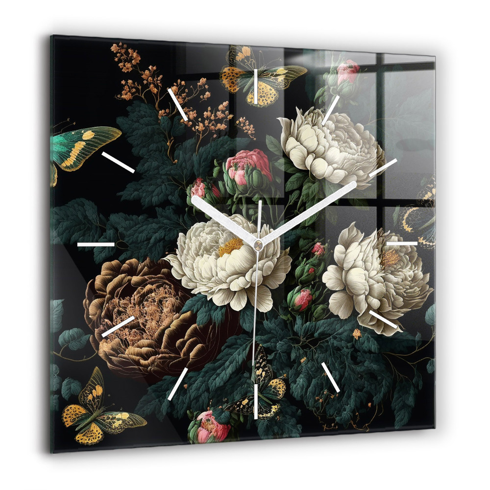 Horloge murale carrée 60x60 cm Fleur et papillons dorés