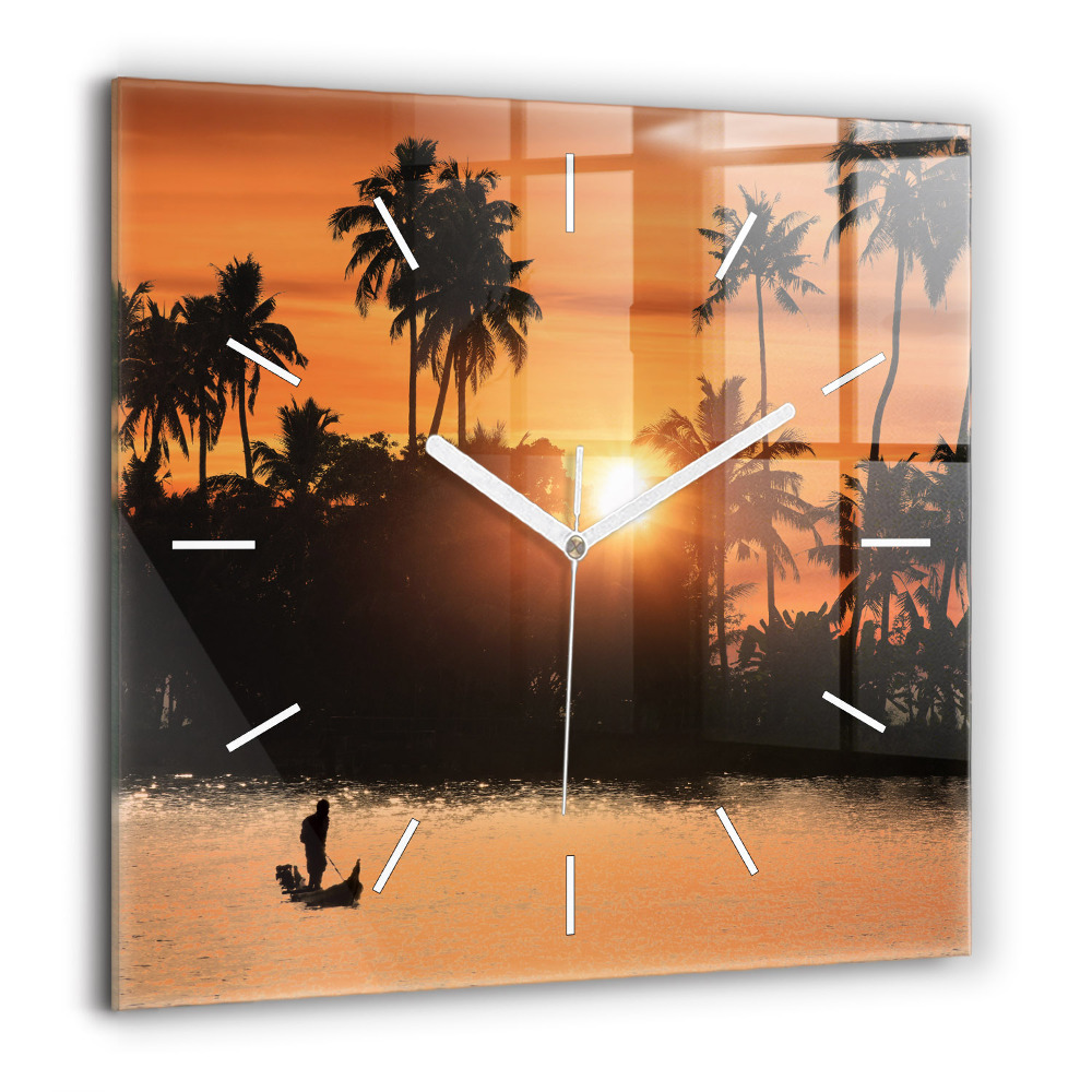 Horloge murale carrée 60x60 cm Coucher de soleil et palmiers