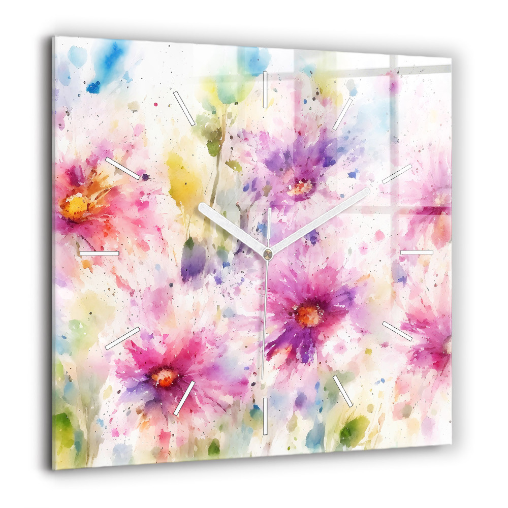 Horloge carrée en verre 60x60 cm Fleurs peintes