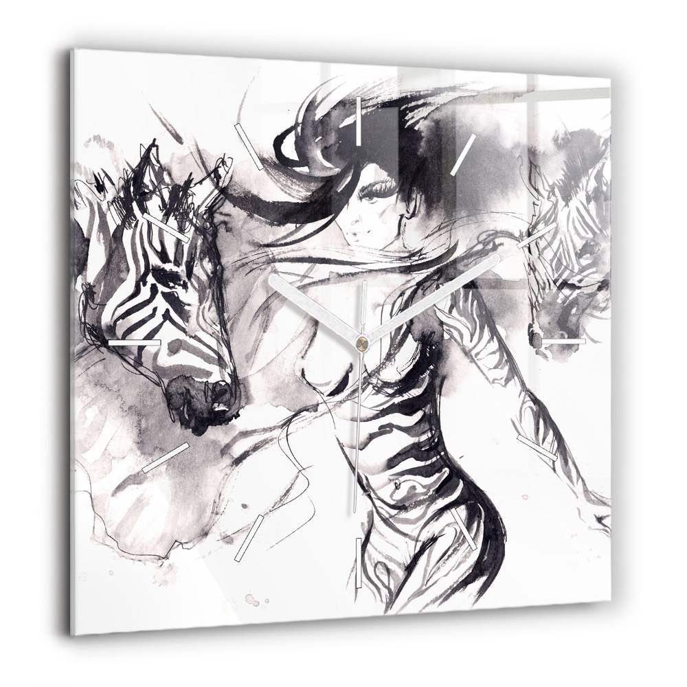 Horloge carrée en verre 60x60 cm Femme et zèbres