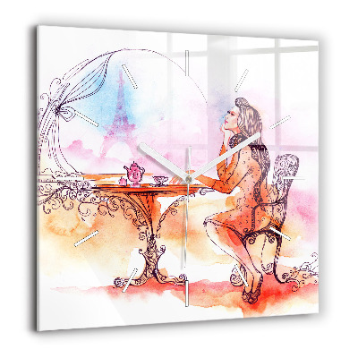 Horloge carrée en verre 60x60 cm Femme buvant du thé